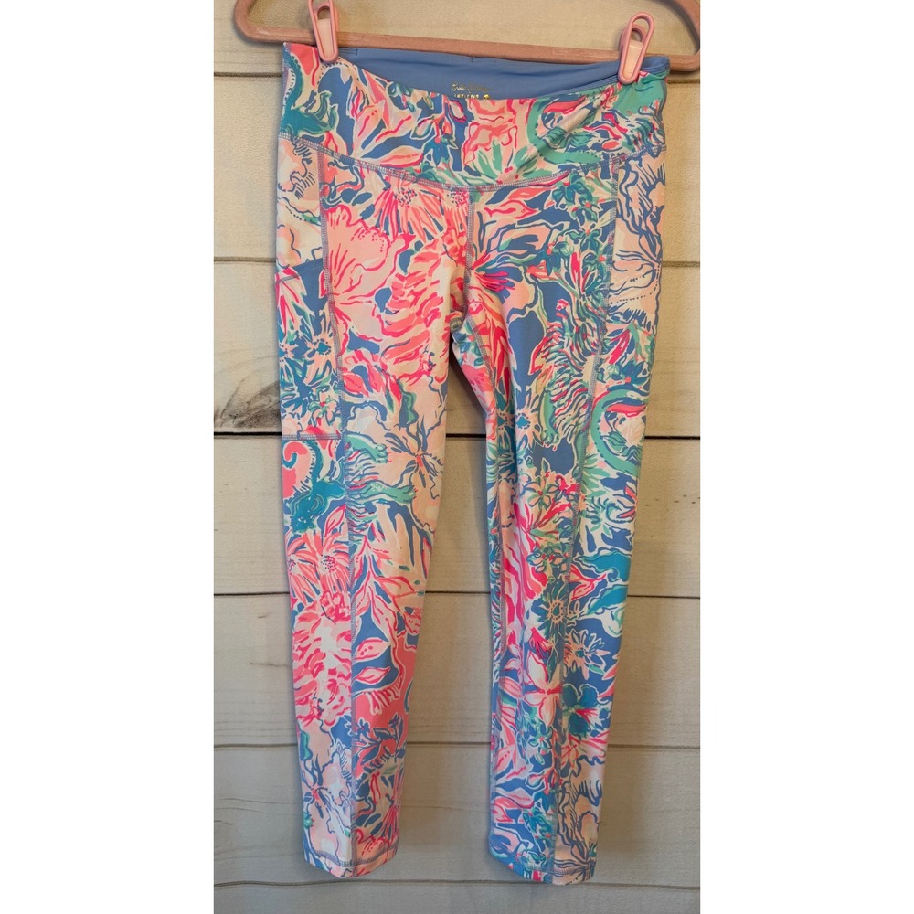 Lilly Pulitzer Luxletic Leggings Womens Medium Pink Blue Floral Crop Pocket Yoga